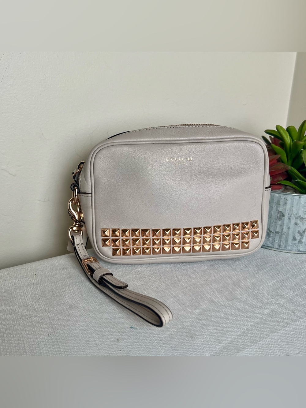 COACH Leather Cosmetic Bag w/ Wristlet and Rose Gold Studs. COA Included.